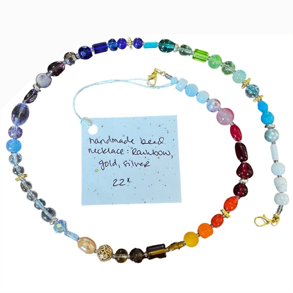 Handmade Beaded Necklace Womens 22" Rainbow Upcycled Ombre Statement - Picture 4 of 4